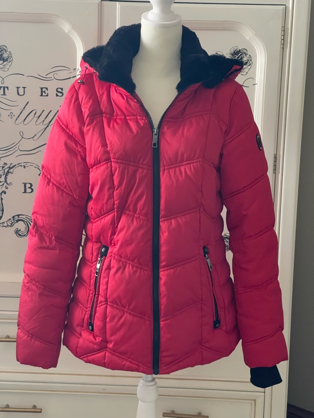 Nautica Red Quilted Hooded Puffer Jacket with Black Trim